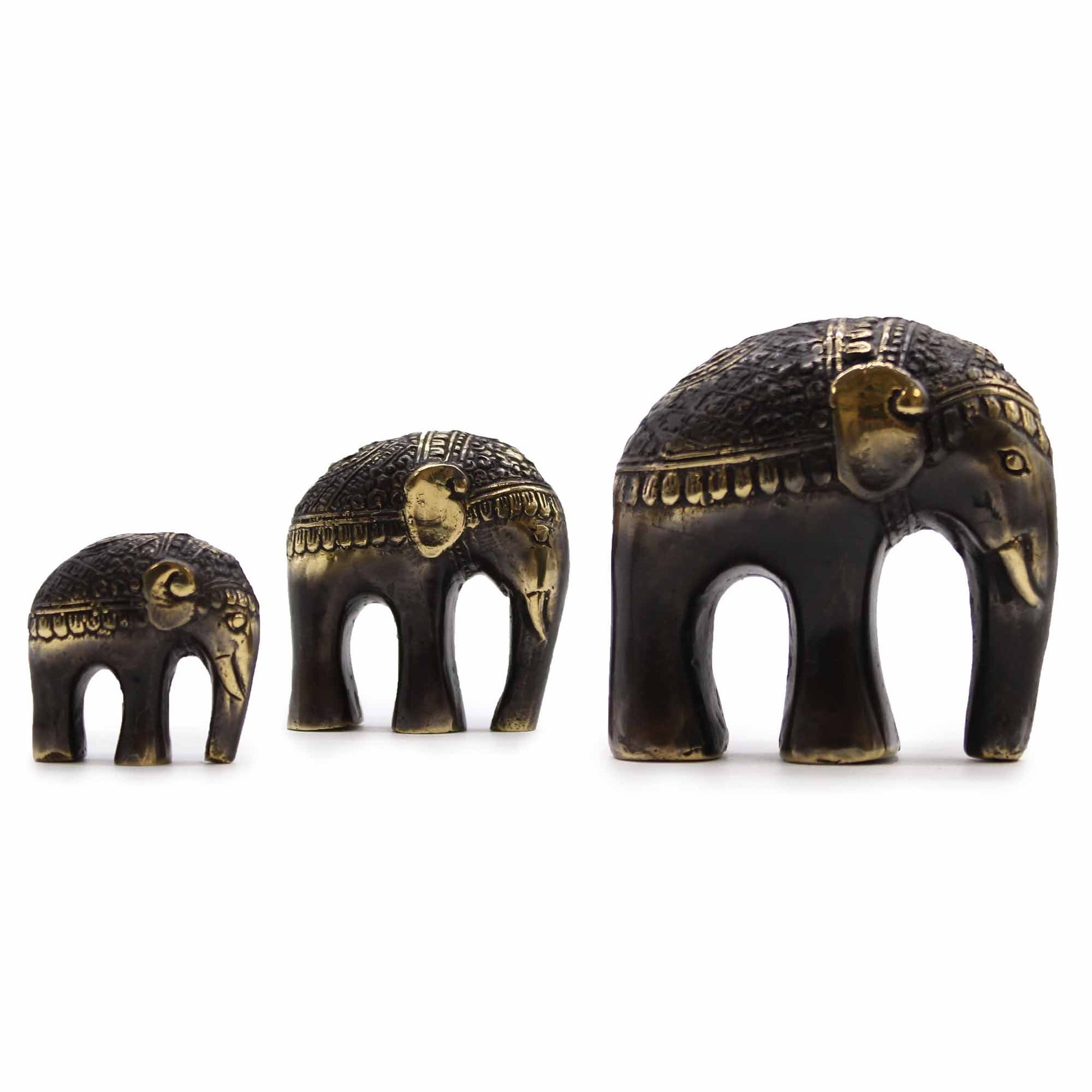 Brass art elephant set of 3 — joyful sacred feng shui exotic home decor for conscious spaces