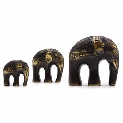 Brass art elephant set of 3 — joyful sacred feng shui exotic home decor for conscious spaces