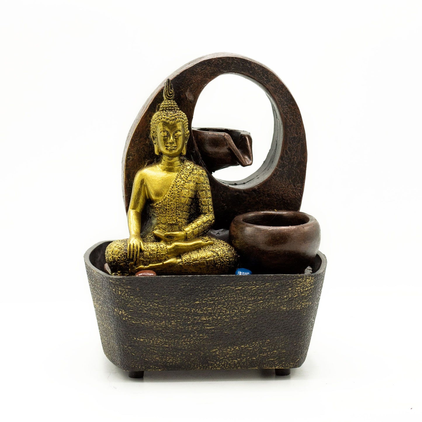 Authentic Tabletop Water Feature – 21.5cm – Golden Buddha & Pots showcasing clean geometry and natural material finishes