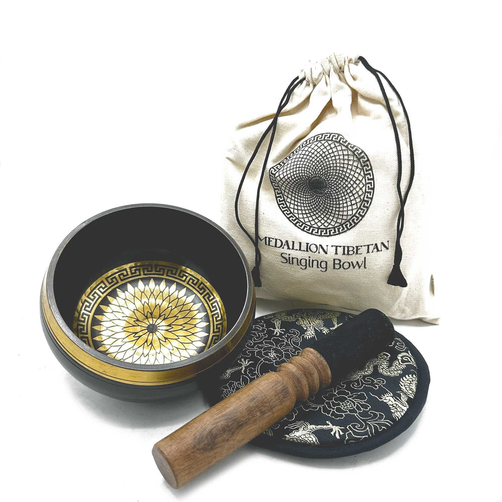 Hand beaten engraved singing bowl gift set 14cm round medallions — Tibetan meditation sacred gift