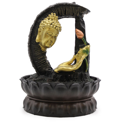 Authentic Tabletop Water Feature – 30cm – Golden Buddha & Lotus perspective detail 4 showcasing clean geometry and natural material finishes