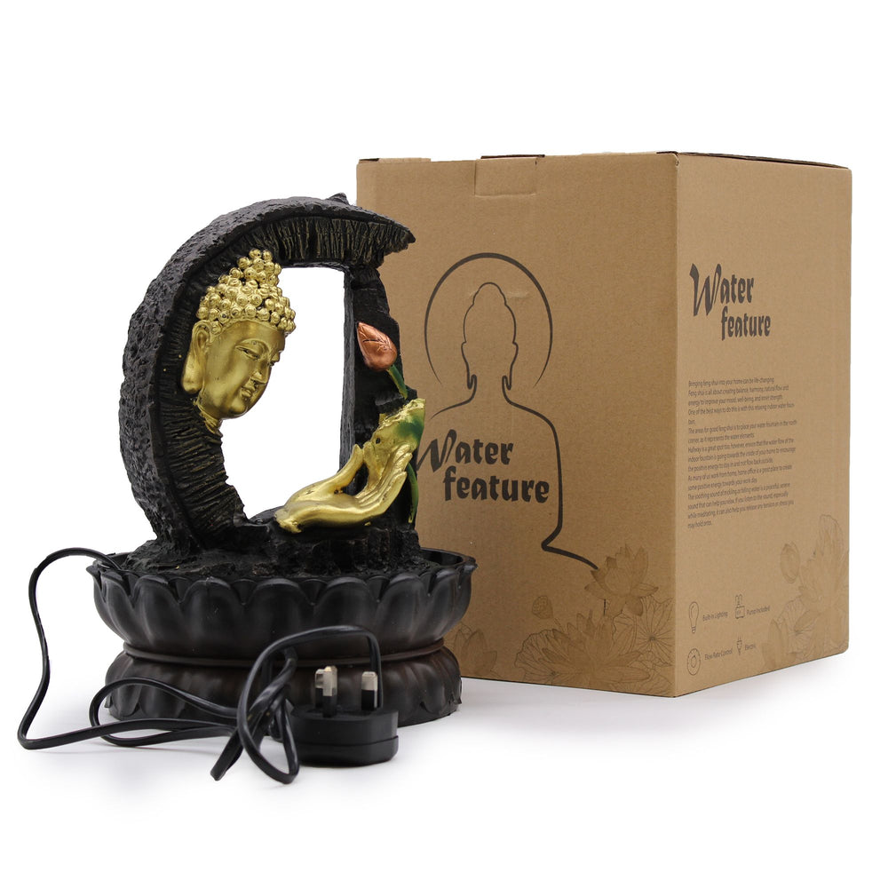 Authentic Tabletop Water Feature – 30cm – Golden Buddha & Lotus showcasing clean geometry and natural material finishes