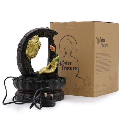 Authentic Tabletop Water Feature – 30cm – Golden Buddha & Lotus showcasing clean geometry and natural material finishes