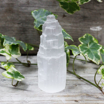 Natural selenite tower 10cm — compact powerfully cleansing crystal for sacred spaces and altars