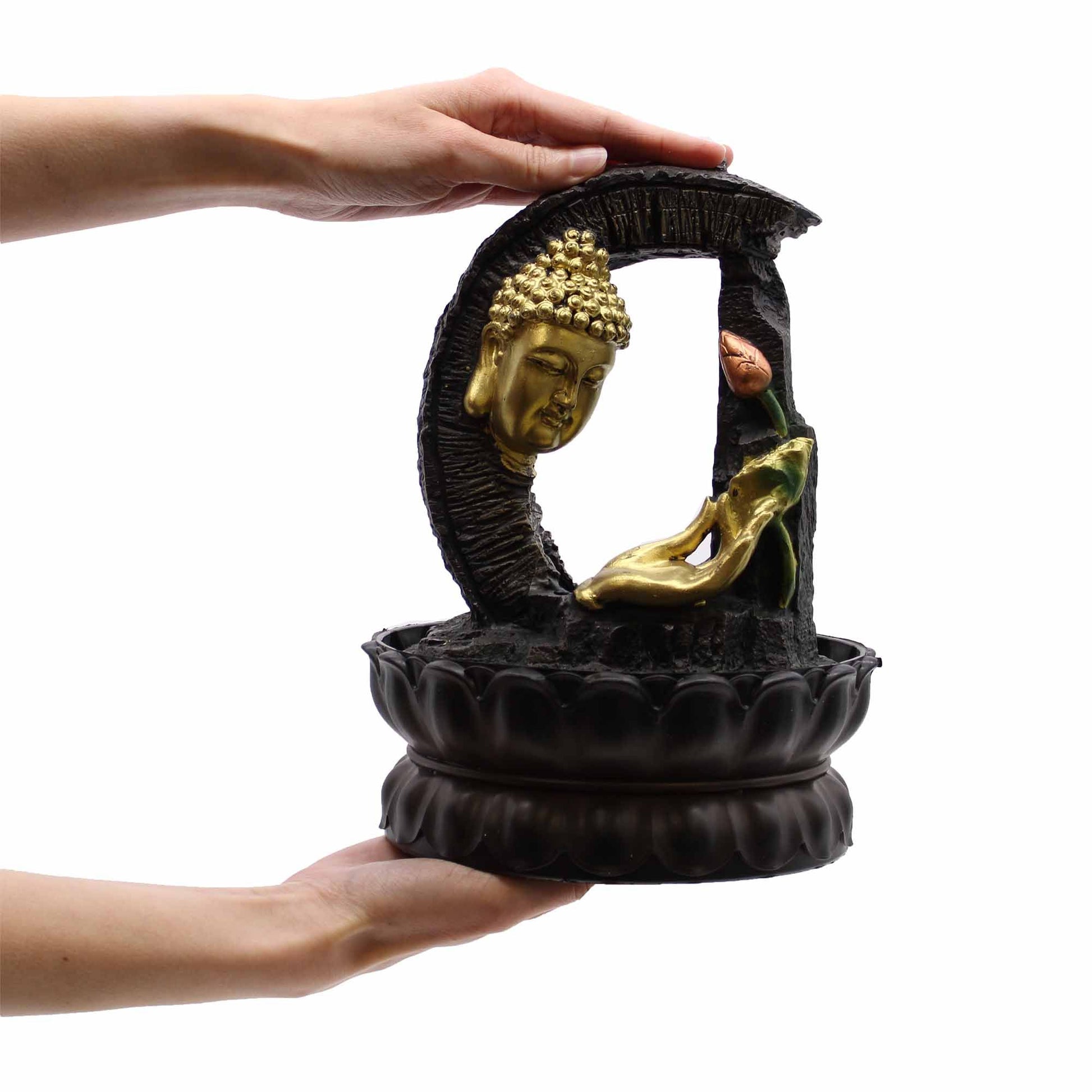 Authentic Tabletop Water Feature – 30cm – Golden Buddha & Lotus perspective detail 2 showcasing clean geometry and natural material finishes