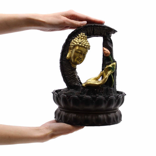 Authentic Tabletop Water Feature – 30cm – Golden Buddha & Lotus perspective detail 2 showcasing clean geometry and natural material finishes