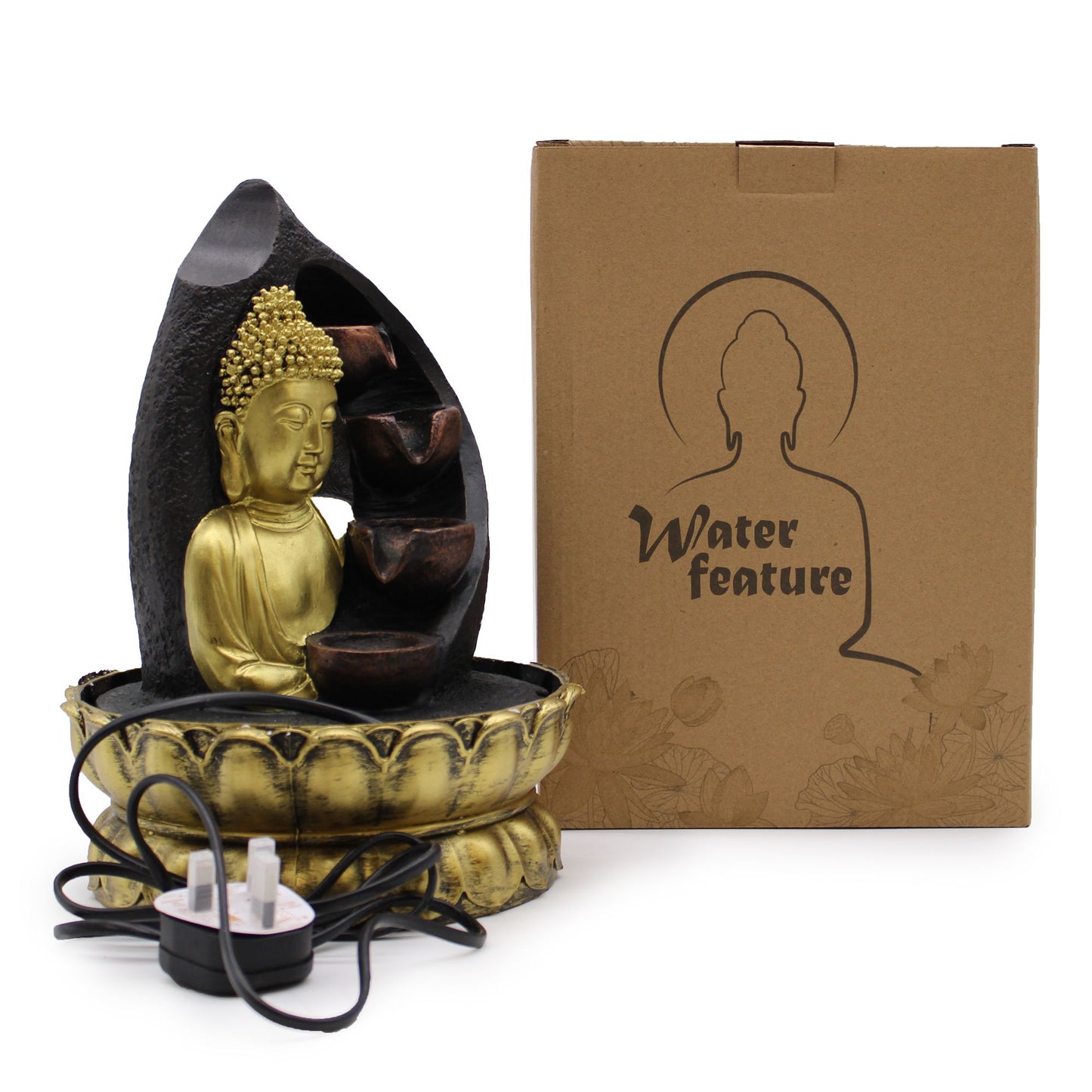 Authentic Tabletop Water Feature – 30cm – Golden Buddha & Pouring Pots showcasing clean geometry and natural material finishes