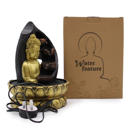 Authentic Tabletop Water Feature – 30cm – Golden Buddha & Pouring Pots showcasing clean geometry and natural material finishes