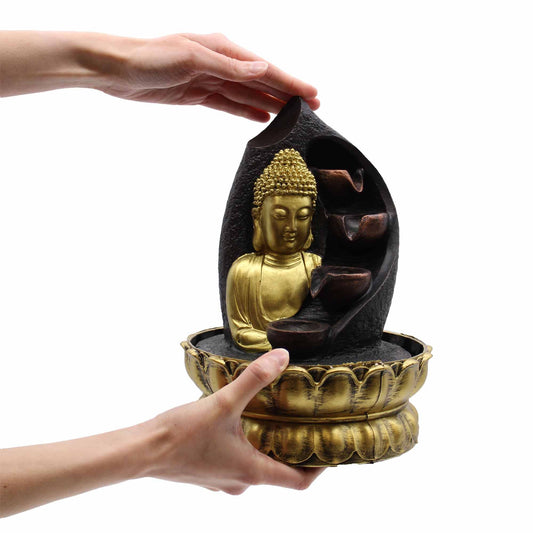 Authentic Tabletop Water Feature – 30cm – Golden Buddha & Pouring Pots perspective detail 2 showcasing clean geometry and natural material finishes