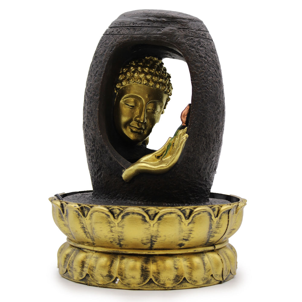 Authentic Tabletop Water Feature – 30cm – Golden Buddha & Vitarka Mudra showcasing clean geometry and natural material finishes