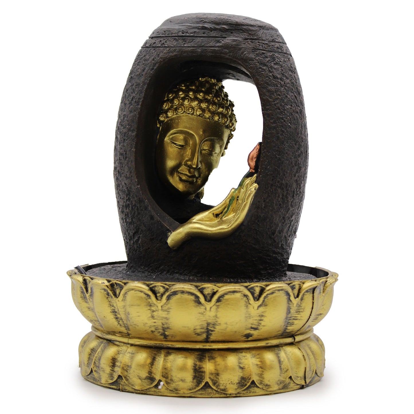 Authentic Tabletop Water Feature – 30cm – Golden Buddha & Vitarka Mudra showcasing clean geometry and natural material finishes