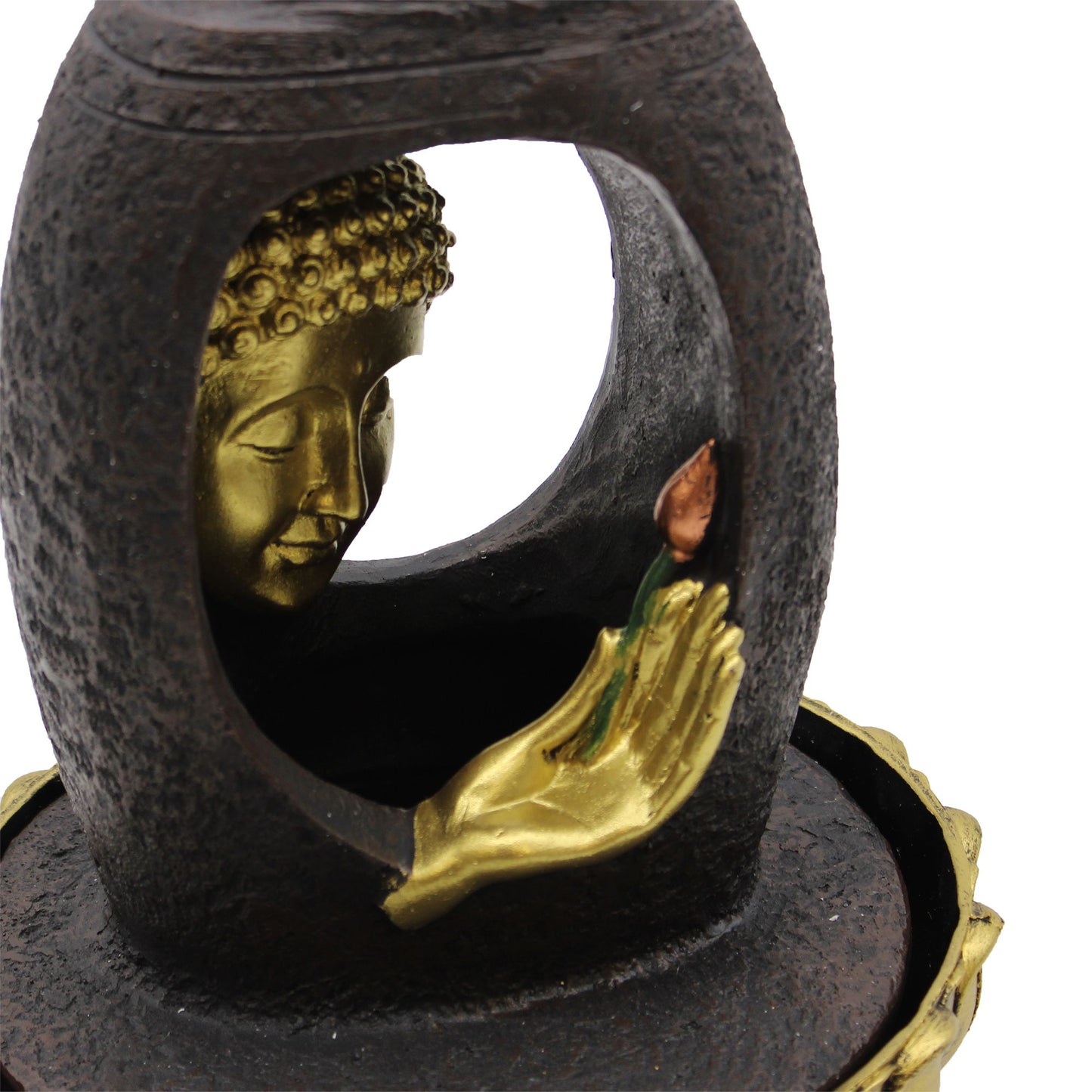 Authentic Tabletop Water Feature – 30cm – Golden Buddha & Vitarka Mudra perspective detail 4 showcasing clean geometry and natural material finishes
