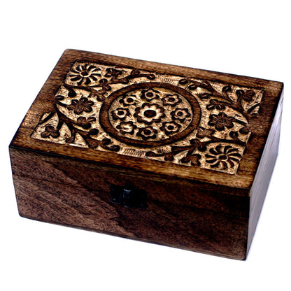 Floral carved mango wood aromatherapy box for 24 bottles — handcrafted essential oil organiser