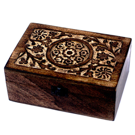 Floral carved mango wood aromatherapy box for 24 bottles — handcrafted essential oil organiser