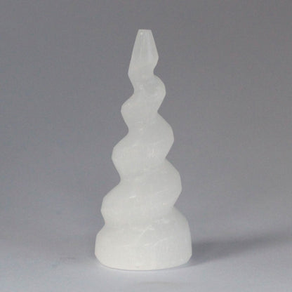 Authentic Selenite Spiral Unicorn Horn Tower - 10 cm perspective detail 2 showcasing clean geometry and natural material finishes