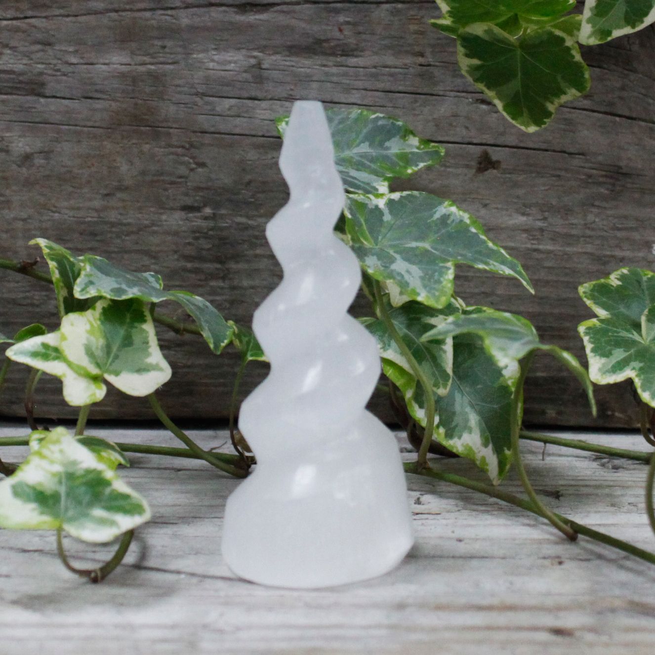 Authentic Selenite Spiral Unicorn Horn Tower - 10 cm showcasing clean geometry and natural material finishes