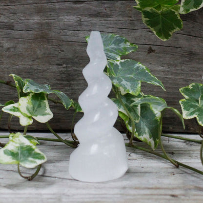 Authentic Selenite Spiral Unicorn Horn Tower - 10 cm showcasing clean geometry and natural material finishes