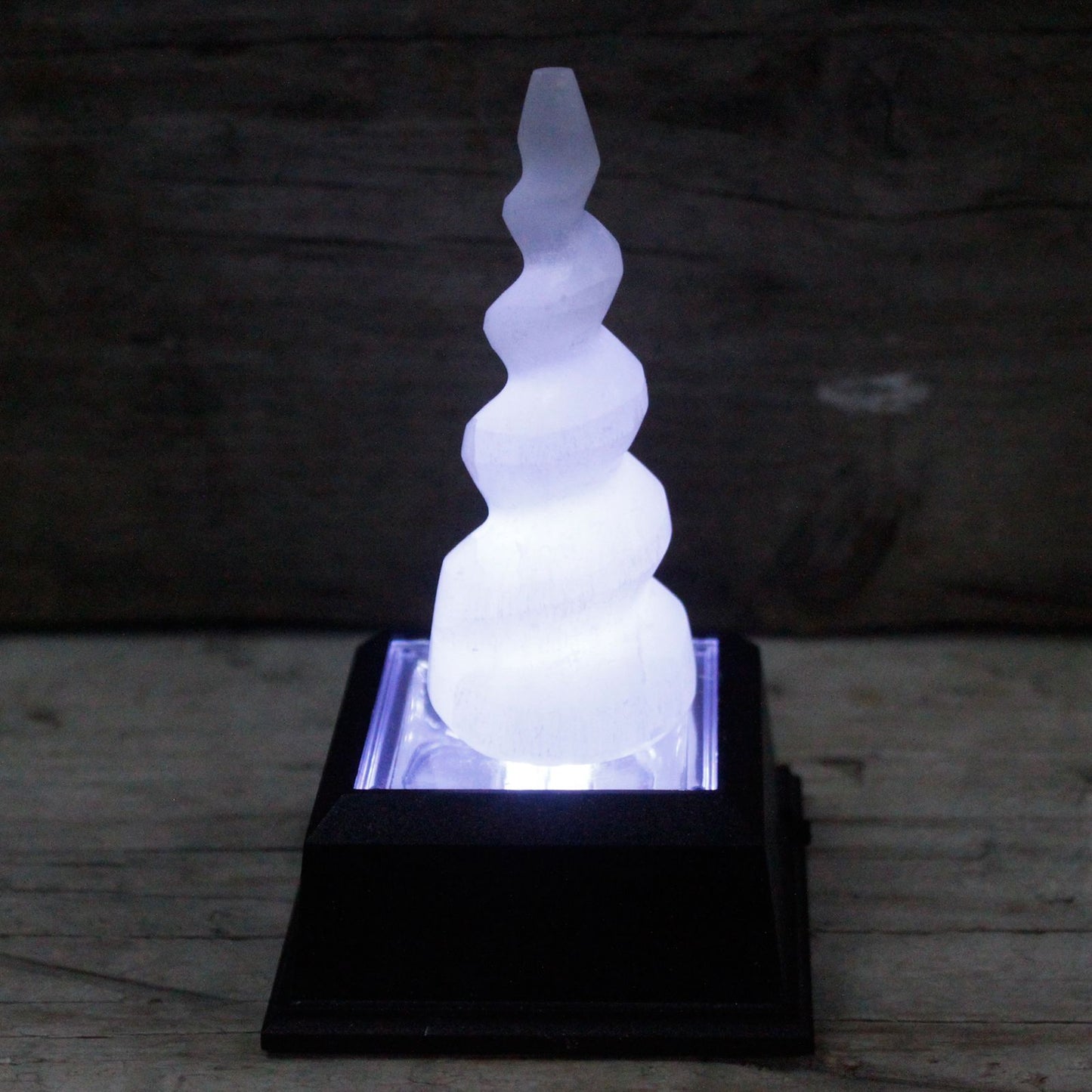 Authentic Selenite Spiral Unicorn Horn Tower - 10 cm perspective detail 3 showcasing clean geometry and natural material finishes