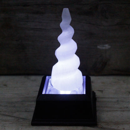 Authentic Selenite Spiral Unicorn Horn Tower - 10 cm perspective detail 3 showcasing clean geometry and natural material finishes