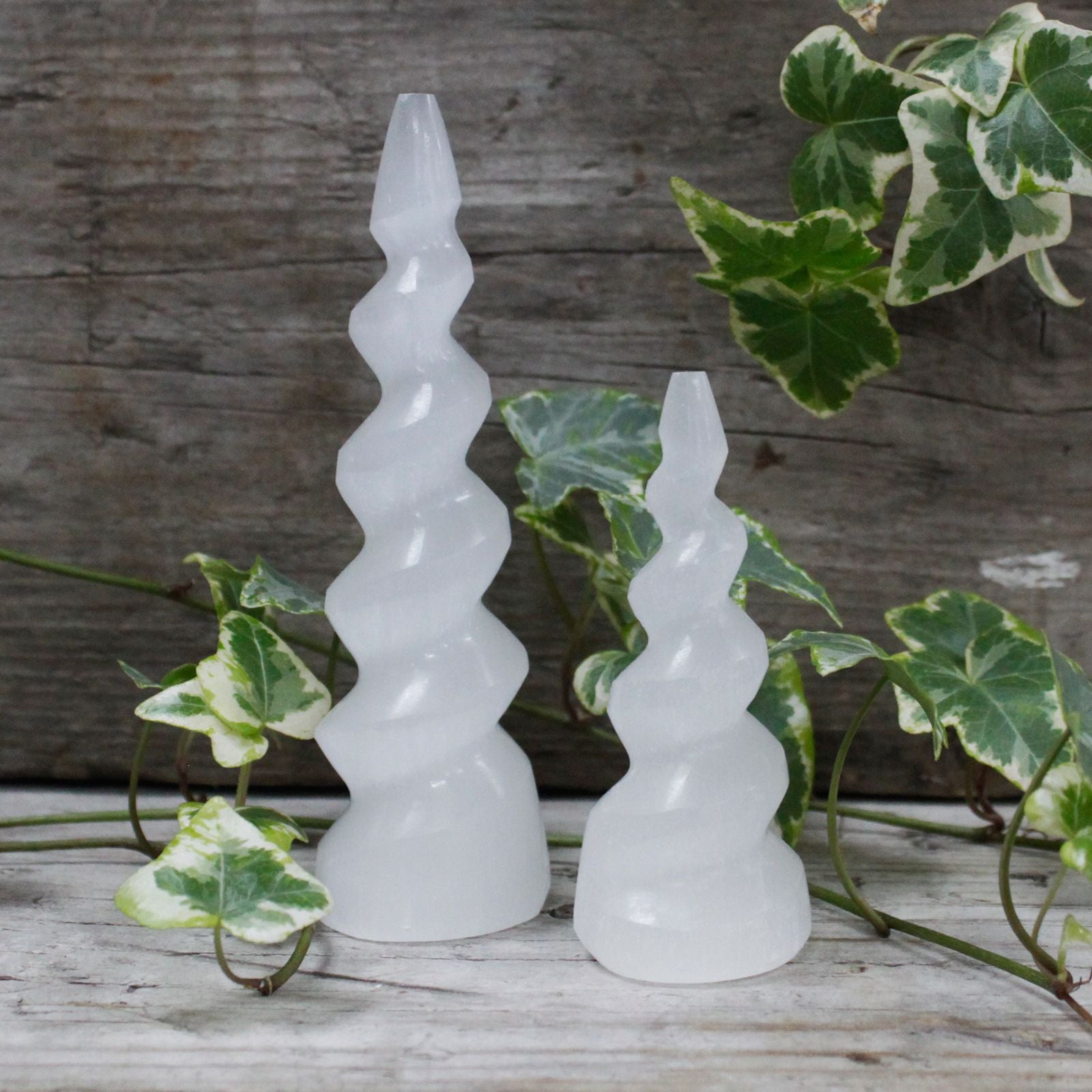 Authentic Selenite Spiral Unicorn Horn Tower - 15 cm perspective detail 4 showcasing clean geometry and natural material finishes