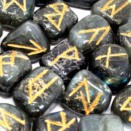 Authentic Rune Stone Set in Pouch – Labradorite showcasing clean geometry and natural material finishes