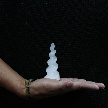 Authentic Selenite Spiral Unicorn Horn Tower - 10 cm perspective detail 5 showcasing clean geometry and natural material finishes