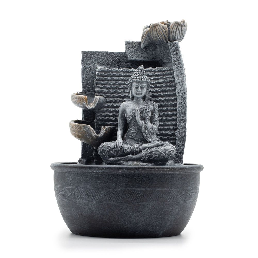 Authentic Tabletop Water Feature – 19×19×28cm – Buddha, Lotus Flower Cascading Pots showcasing clean geometry and natural material finishes