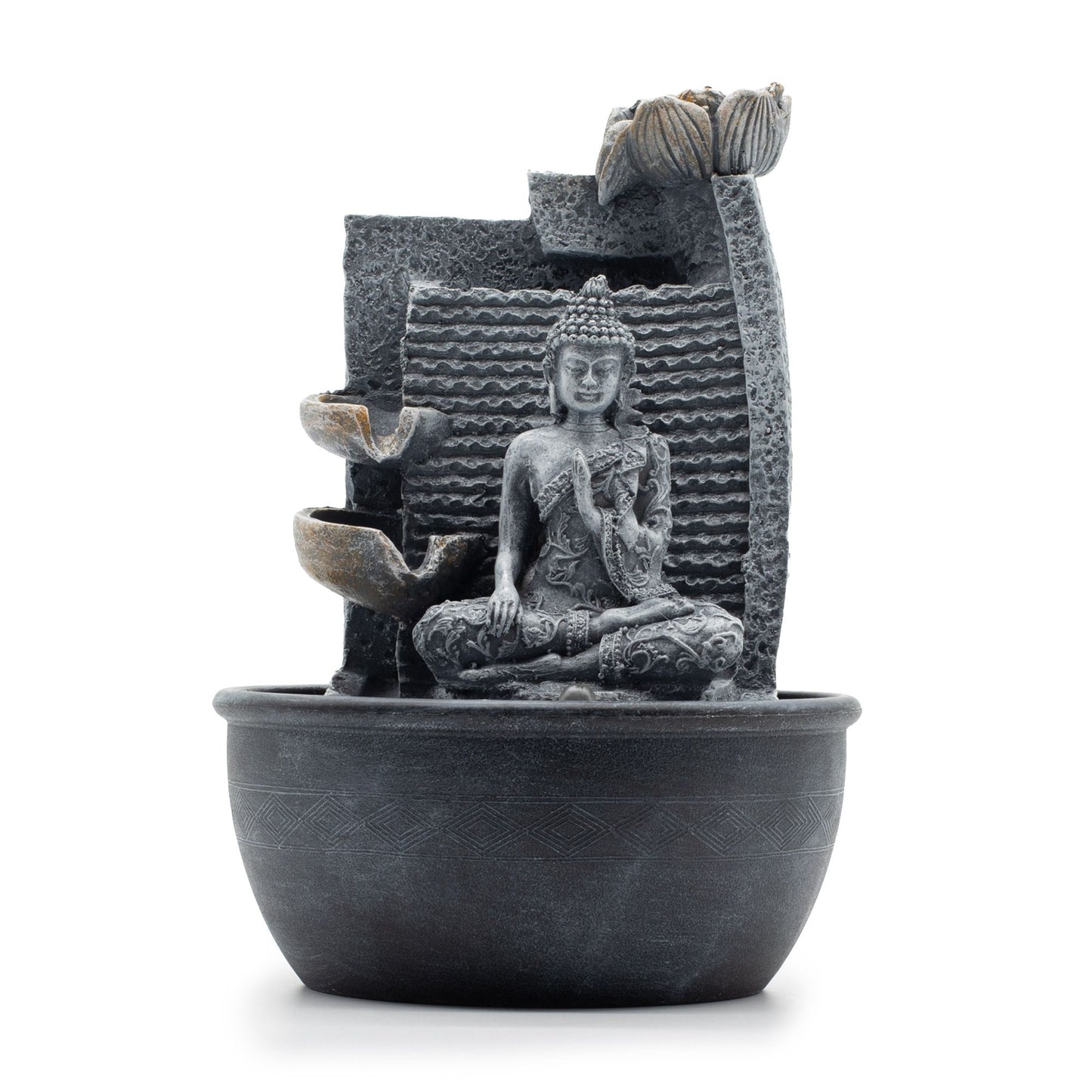 Authentic Tabletop Water Feature – 19×19×28cm – Buddha, Lotus Flower Cascading Pots showcasing clean geometry and natural material finishes