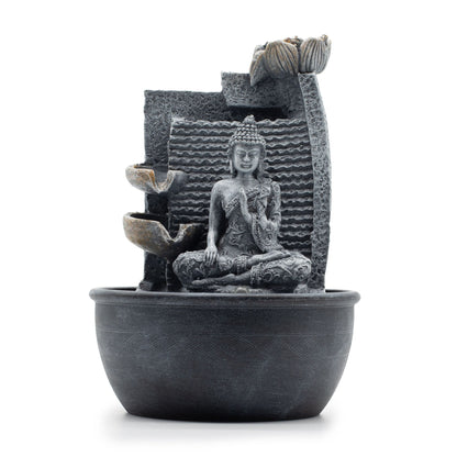 Authentic Tabletop Water Feature – 19×19×28cm – Buddha, Lotus Flower Cascading Pots showcasing clean geometry and natural material finishes