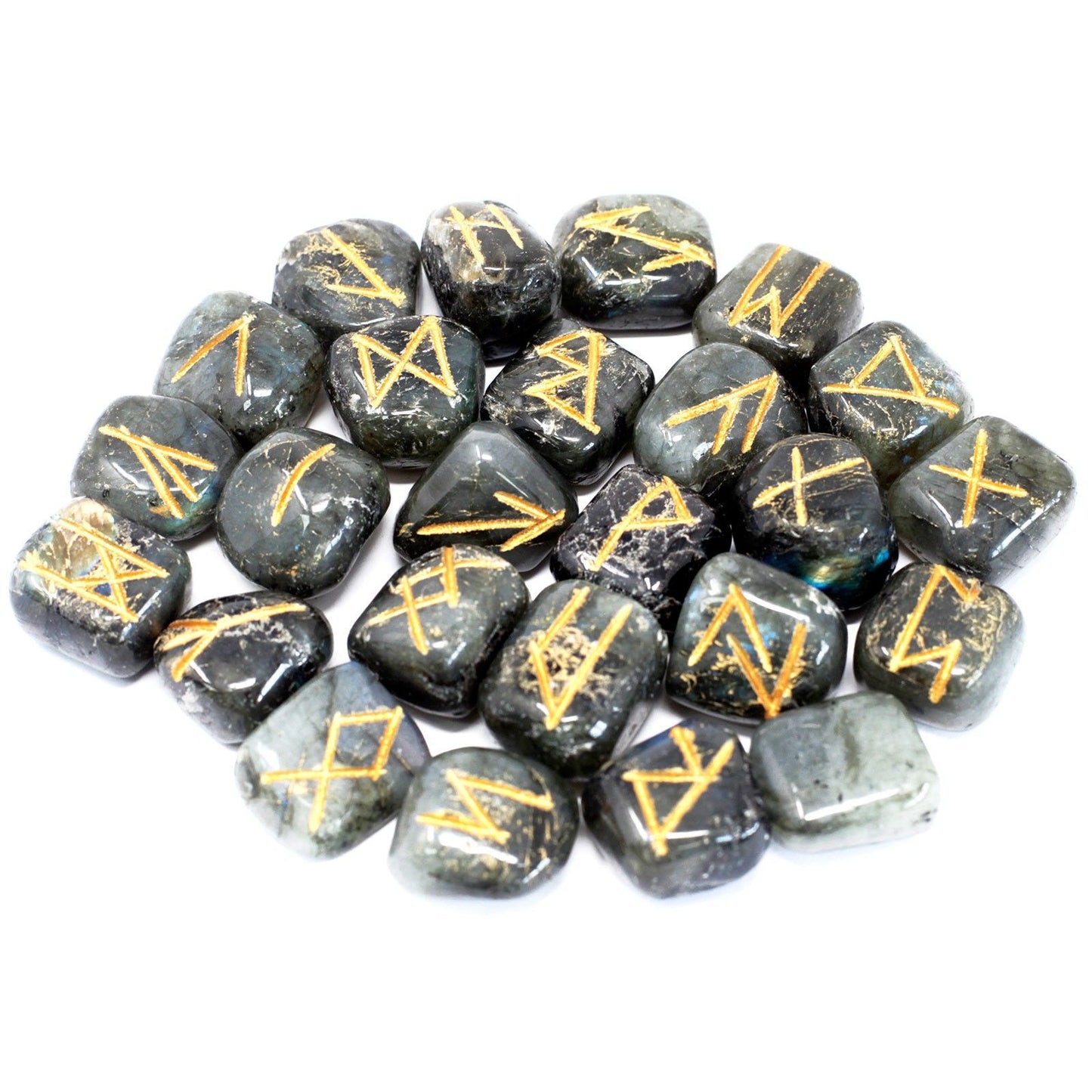 Authentic Rune Stone Set in Pouch – Labradorite perspective detail 2 showcasing clean geometry and natural material finishes