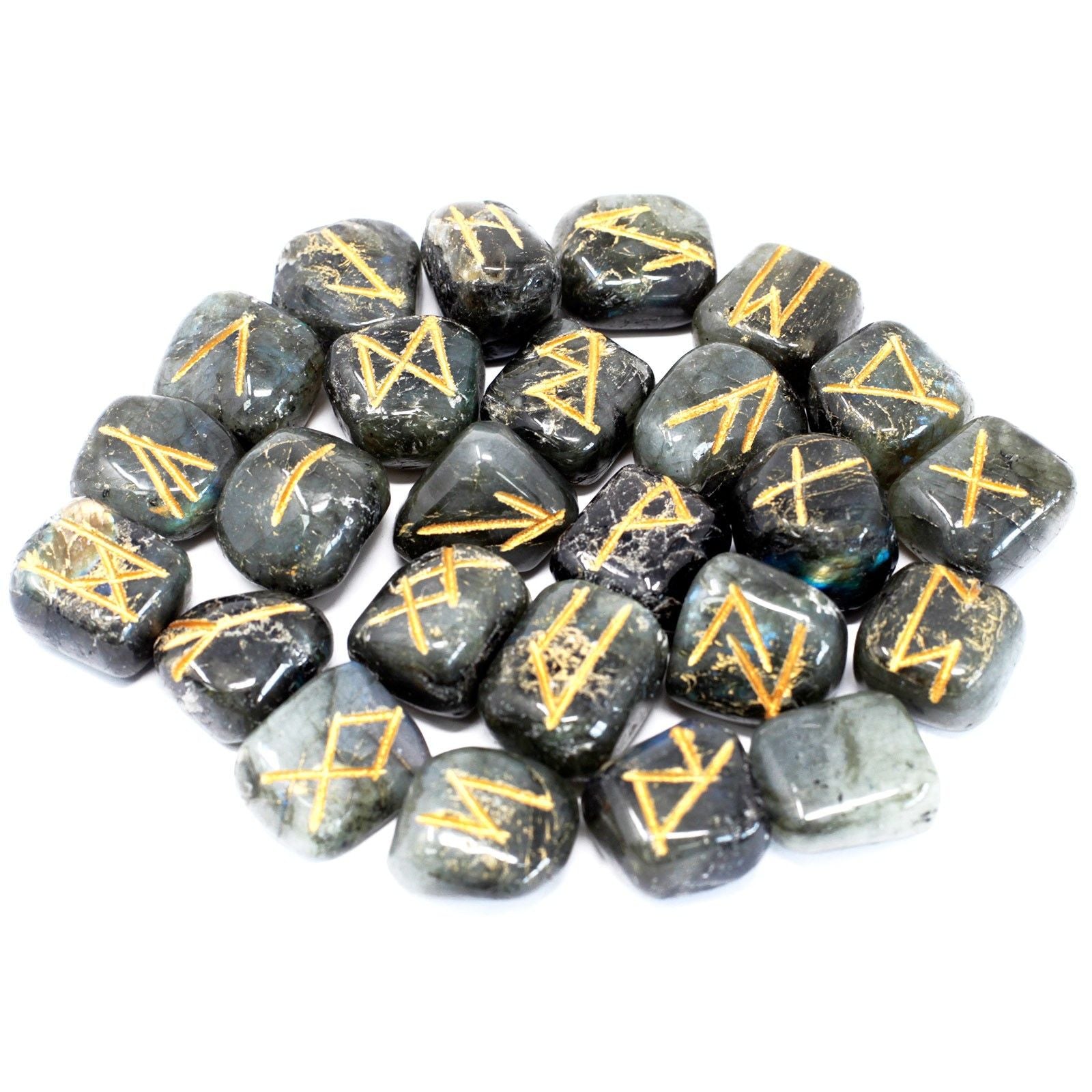 Authentic Rune Stone Set in Pouch – Labradorite perspective detail 2 showcasing clean geometry and natural material finishes
