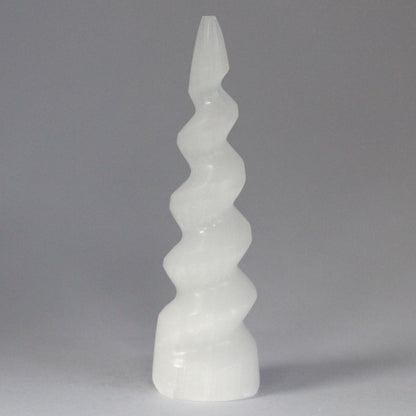 Authentic Selenite Spiral Unicorn Horn Tower - 15 cm perspective detail 2 showcasing clean geometry and natural material finishes