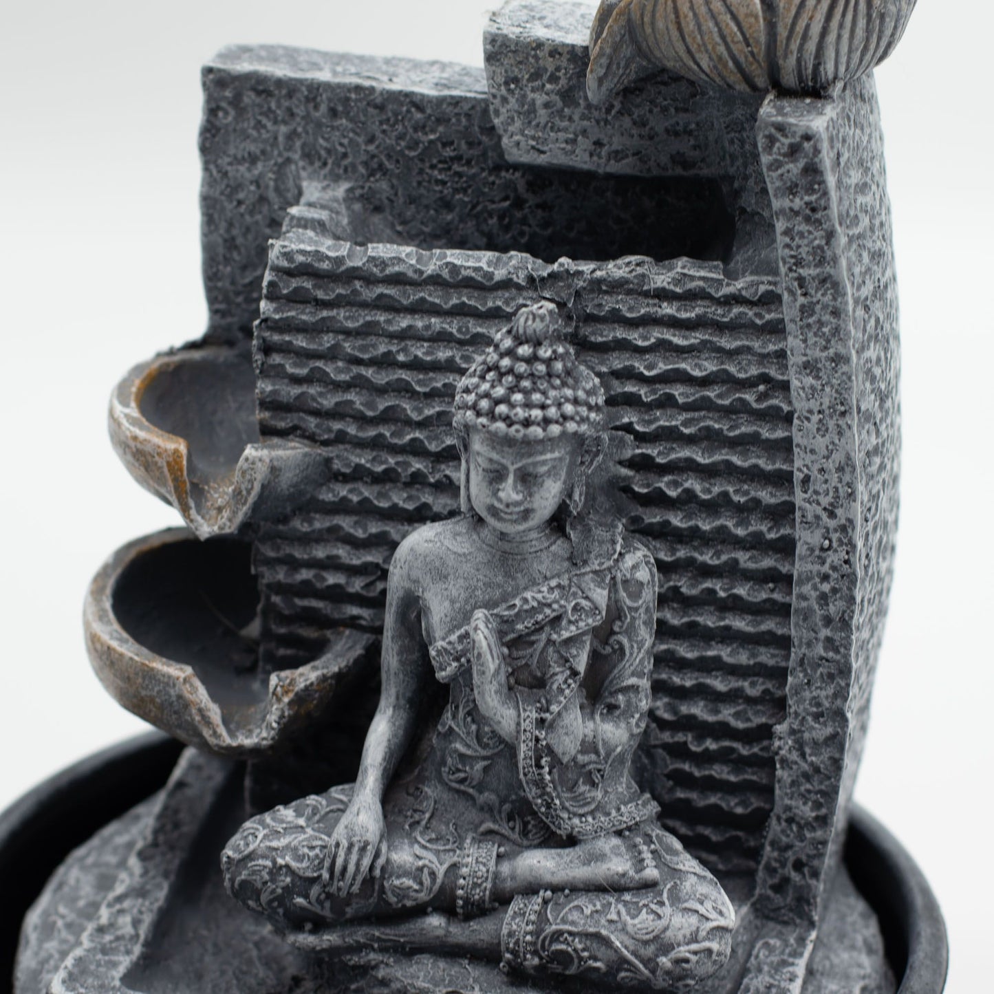 Authentic Tabletop Water Feature – 19×19×28cm – Buddha, Lotus Flower Cascading Pots perspective detail 2 showcasing clean geometry and natural material finishes