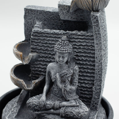 Authentic Tabletop Water Feature – 19×19×28cm – Buddha, Lotus Flower Cascading Pots perspective detail 2 showcasing clean geometry and natural material finishes