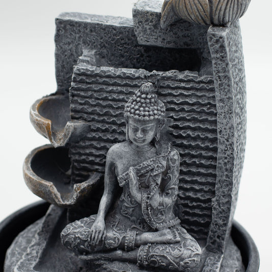 Authentic Tabletop Water Feature – 19×19×28cm – Buddha, Lotus Flower Cascading Pots perspective detail 2 showcasing clean geometry and natural material finishes
