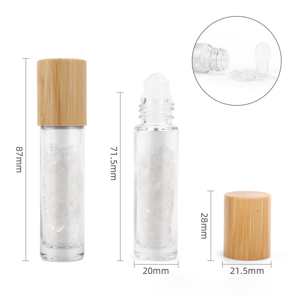 Gemstone Essential Oil Roller Bottle - Rock Quartz  - Wooden Cap + Gemstone Roller Tip for 5ml Bottle - Rock Quartz
