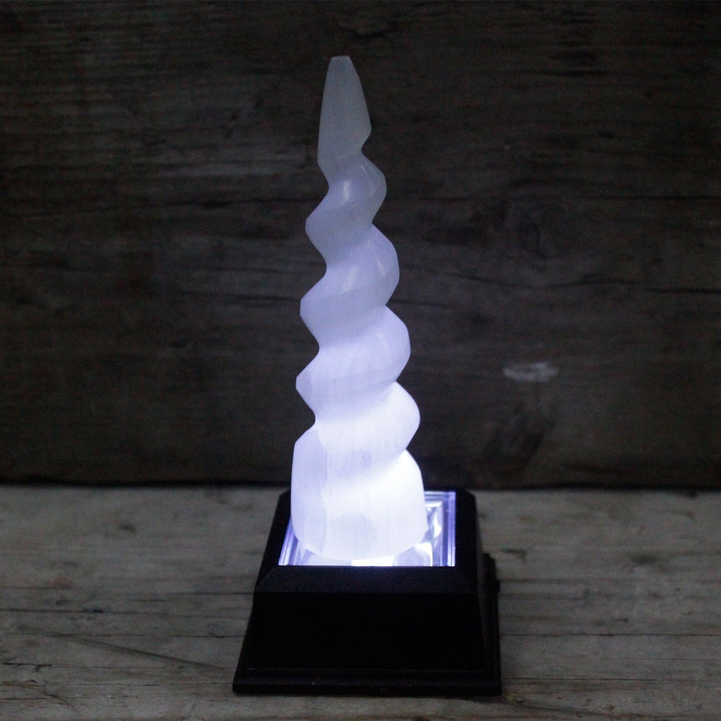 Authentic Selenite Spiral Unicorn Horn Tower - 15 cm perspective detail 3 showcasing clean geometry and natural material finishes