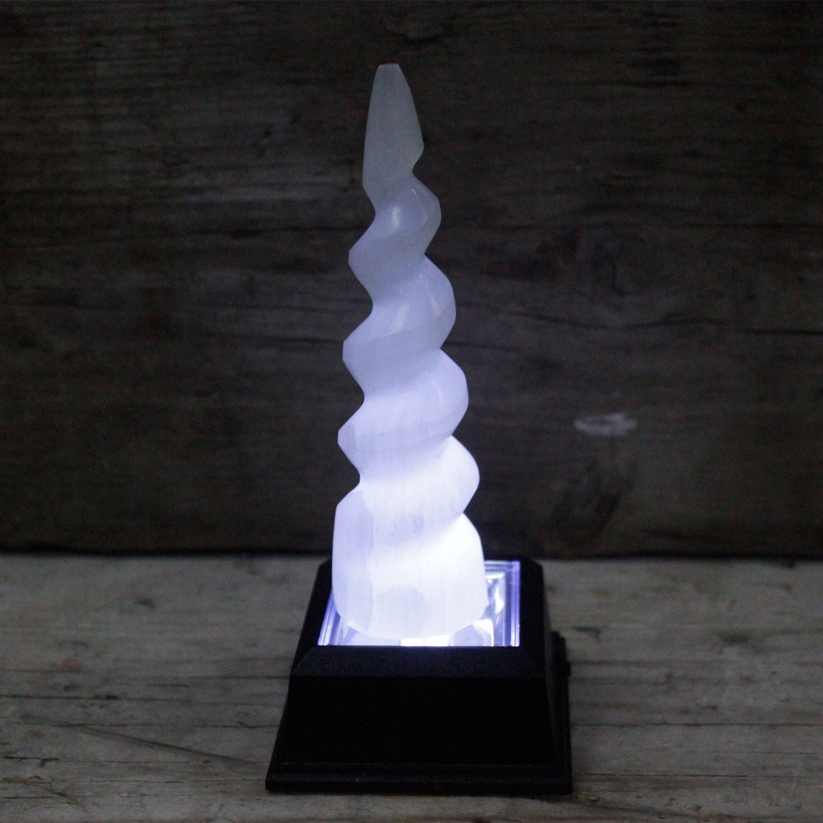 Authentic Selenite Spiral Unicorn Horn Tower - 15 cm perspective detail 3 showcasing clean geometry and natural material finishes
