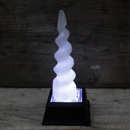 Authentic Selenite Spiral Unicorn Horn Tower - 15 cm perspective detail 3 showcasing clean geometry and natural material finishes