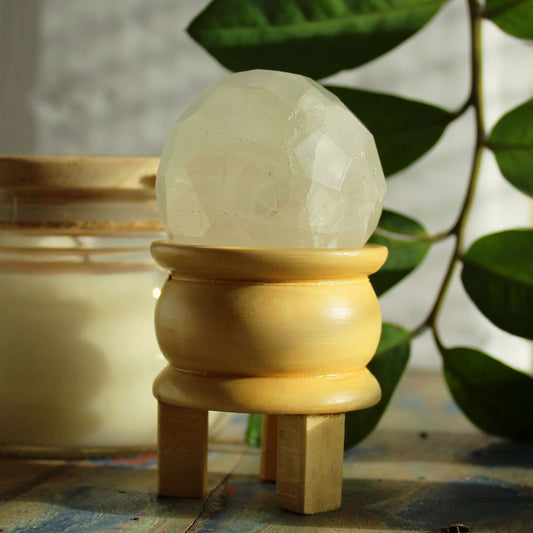 Authentic Gemstone Faceted Healing Ball & Stand - Rock Quartz perspective detail 2 showcasing clean geometry and natural material finishes